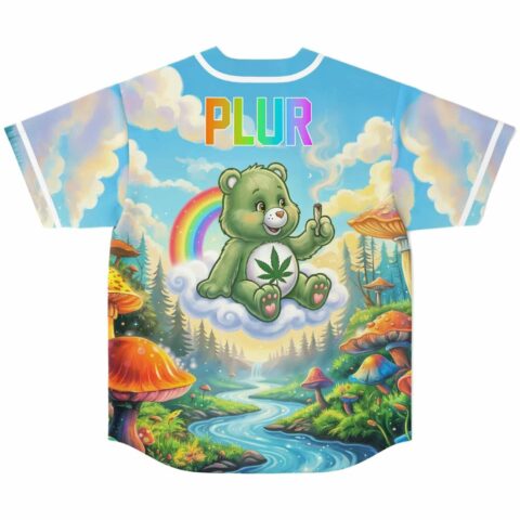 Back view of baseball jersey featuring bear character with rainbow design.