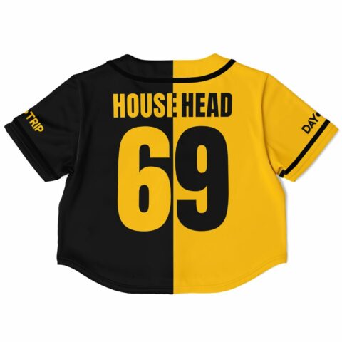 Cropped baseball jersey with bold black and yellow color block design.