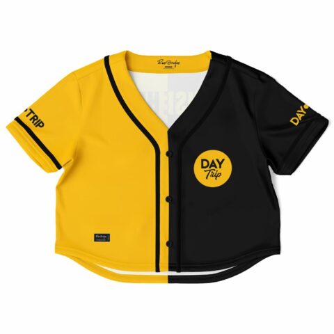 Front view of cropped baseball jersey with black and yellow halves.