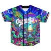GRiZ fan rave baseball jersey front view — neon alien forest with a UFO and aliens, black trim and button closure