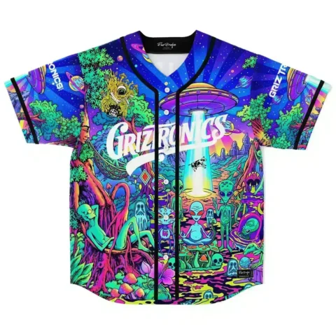 Neon extraterrestrial forest front view with UFO, aliens, black trim, and button closure
