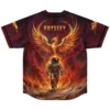 Fiery cosmic phoenix and astronaut design with “ODYSSEY” lettering, back view of festival apparel