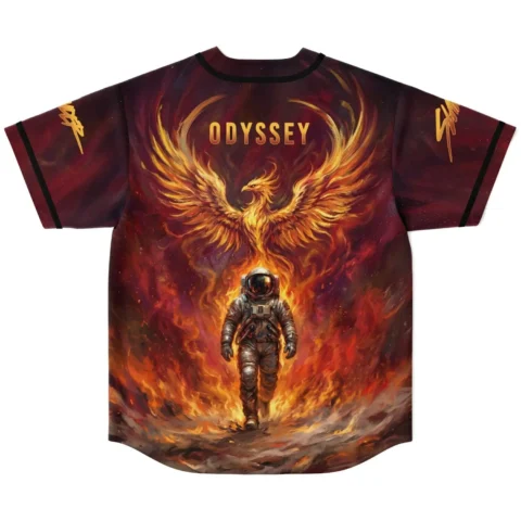 Fiery cosmic phoenix and astronaut design with “ODYSSEY” lettering, back view of festival apparel