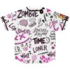 Back view of white hand-drawn doodle pattern featuring “ZOMBIE,” “TIME,” “LONER,” and pink accents