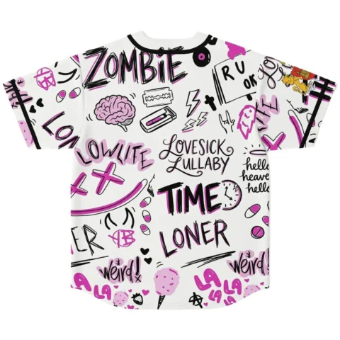 Back view of white hand-drawn doodle pattern featuring “ZOMBIE,” “TIME,” “LONER,” and pink accents