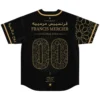Black-and-gold Moroccan geometric jersey back with patterned double-zero graphic and Arabic lettering, studio product view