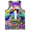 Neon surreal rainbow collage back view with large number 1 and bold white lettering