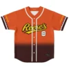 Orange-brown candy-themed jersey front view with yellow script logo, “210 CALORIES” badge, and sleeve text