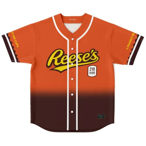 Orange-brown candy-themed jersey front view with yellow script logo, “210 CALORIES” badge, and sleeve text