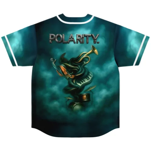 Back view teal smoky cloud jersey with horned fantasy figure and readable “POLARITY.” text