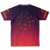 Armin van Buuren fan rave soccer jersey, flat back view: overlapping gold circles with small symbols on a purple-to-coral sunset gradient