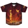 Fiery cosmic flame pattern with gold bird emblems, button-front festival apparel, front view