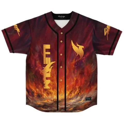 Fiery cosmic flame pattern with gold bird emblems, button-front festival apparel, front view