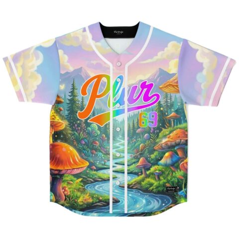 Colorful baseball jersey with vibrant landscape, rainbow, and bear graphic.
