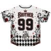 Playing-card jersey back view with “BROTHER,” 99, crowned queen card, roses, and black-white argyle