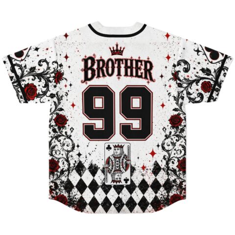 Playing-card jersey back view with “BROTHER,” 99, crowned queen card, roses, and black-white argyle