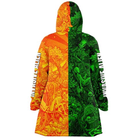 Split neon cosmic forest cloak with reversed green-orange woodland scenes and skeletons, back view