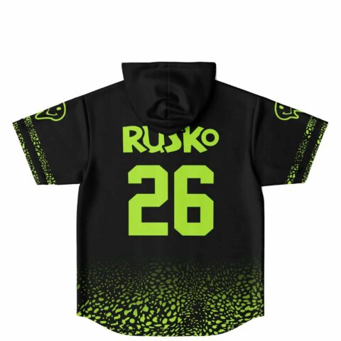 Back view hooded baseball jersey displaying neon green name and number.