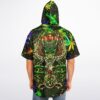 Back view reveals cosmic cannabis galaxy pattern with oversized green alien artwork and leaf accents