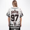 Modeled back view showcasing “SISTER,” 97, a queen card, roses, and distressed harlequin pattern