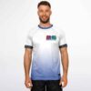Model wearing white and blue gradient rave soccer jersey with front emblems, model front view