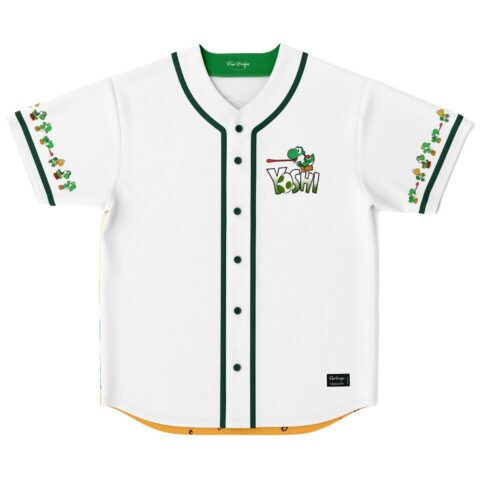 White front jersey with green dinosaur “YOSHI” emblem and repeating sleeve figures, flat-lay product view