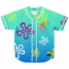 Front view of a jellyfish-riding sea character over colorful flower motifs and white piping