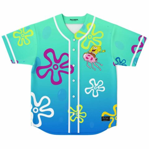 Front view of a jellyfish-riding sea character over colorful flower motifs and white piping