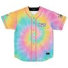 Pastel rainbow spiral tie-dye jersey with pink piping and buttons, front view on white background