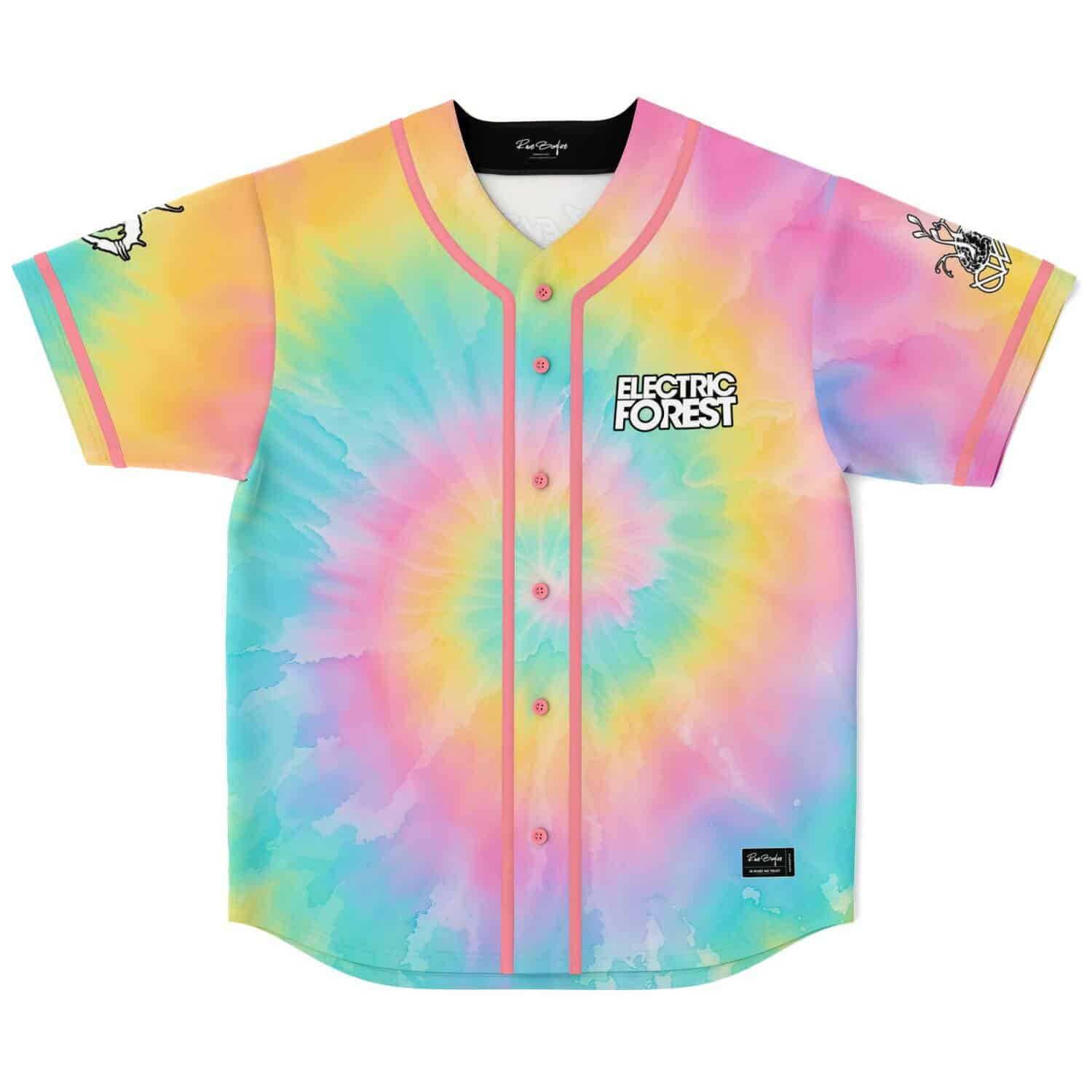 Pastel rainbow spiral tie-dye jersey with pink piping and buttons, front view on white background
