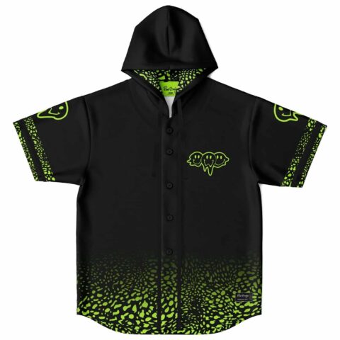 Black hooded baseball jersey with neon green name and number accents.