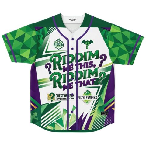 Green purple puzzle graphic with “RIDDIM ME THIS, RIDDIM ME THAT,” front view flat lay