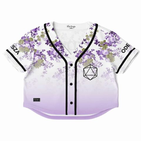 Lavender cropped baseball jersey front view with floral design