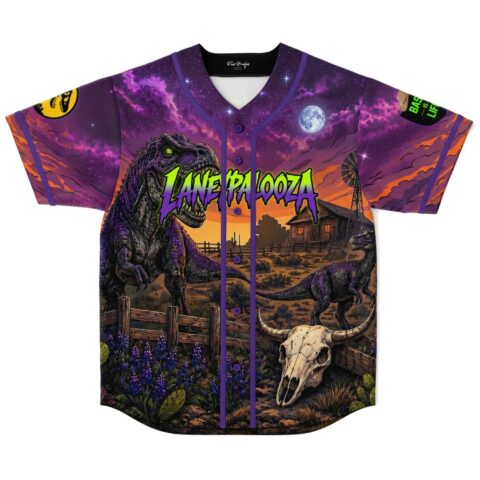 Purple cosmic dinosaur farm print jersey with skull and neon “LANEY PALOOZA” text, front view