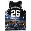 Back view of cosmic desert landscape, swirling rings, blue robots, and white jersey number 26