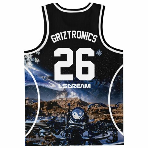 Back view of cosmic desert landscape, swirling rings, blue robots, and white jersey number 26