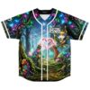 Glowing enchanted forest front view with mystical jeweled figure, crystals, vibrant flowers, and white trim