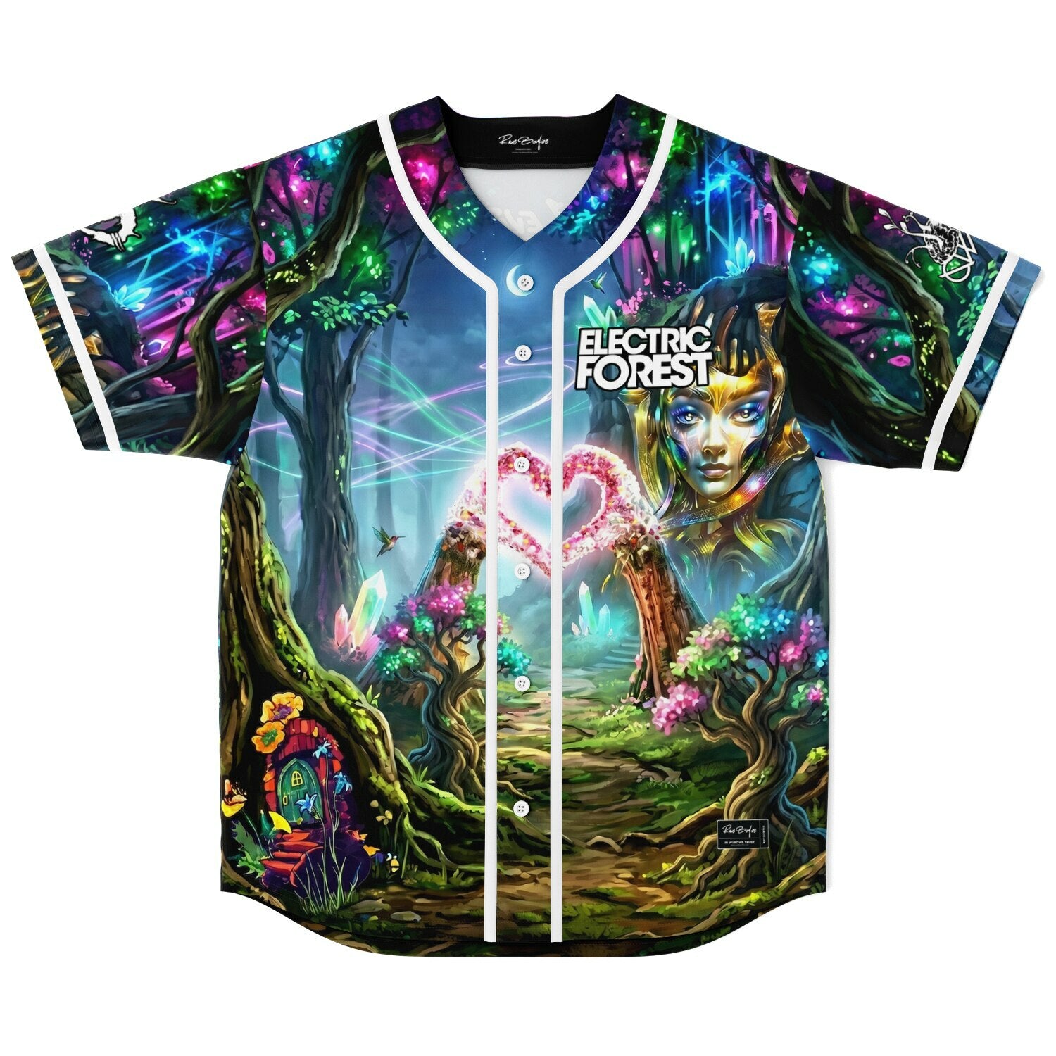 Glowing enchanted forest front view with mystical jeweled figure, crystals, vibrant flowers, and white trim