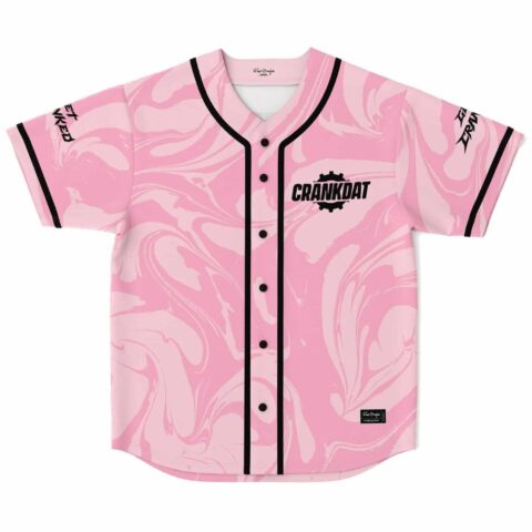 Pink liquid marble jersey front shows black piping, button closure, and small gear-style chest emblem