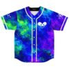 Blue fluid paint swirl front, neon green and purple accents, white mouse-head logo and trim