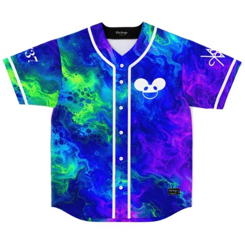 Blue fluid paint swirl front, neon green and purple accents, white mouse-head logo and trim