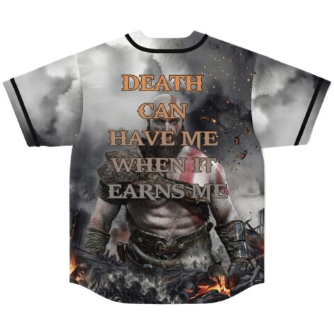 Game-inspired warrior artwork with readable “DEATH CAN HAVE ME WHEN IT EARNS ME,” back view