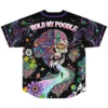 Psychedelic cosmic landscape, split-face figure and rainbow river beneath “HOLD MY POODLE” lettering, back view