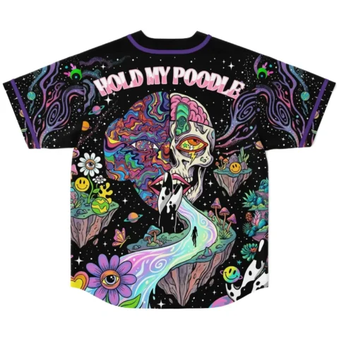 Psychedelic cosmic landscape, split-face figure and rainbow river beneath “HOLD MY POODLE” lettering, back view