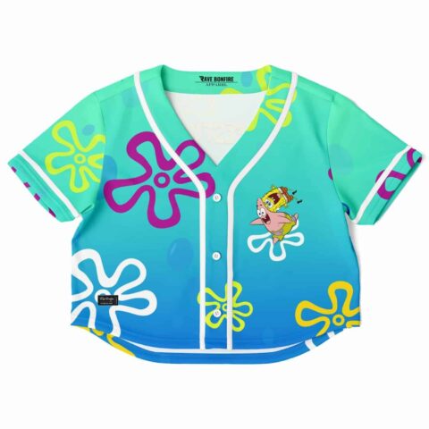 Cropped baseball jersey with bright aquatic colors and cartoon floral designs