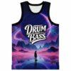 Drum and Bass jersey with ringed purple planet, mountain lake, and silhouetted figure, front view