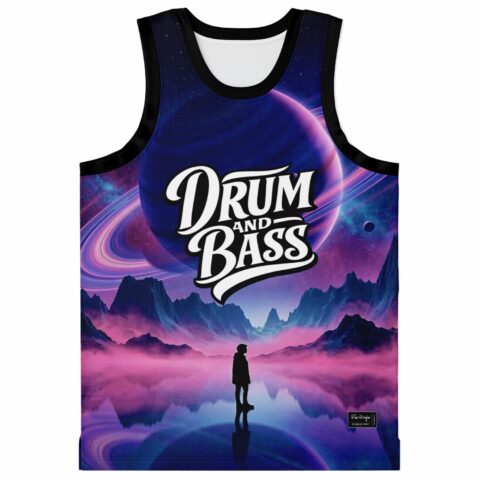 Drum and Bass jersey with ringed purple planet, mountain lake, and silhouetted figure, front view