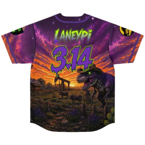 Purple cosmic dinosaur farm print with cowboy dinosaur and “LANEYPRI 3.14” text, back view