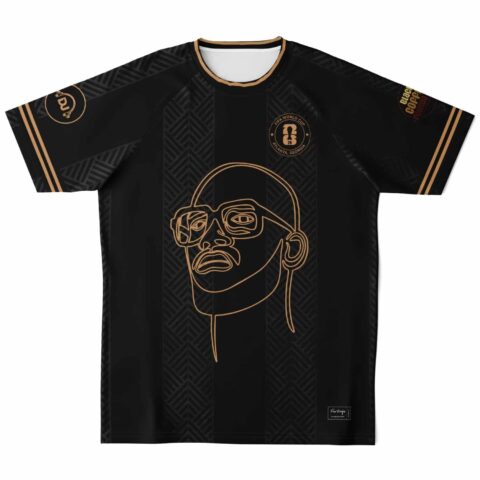 Black soccer jersey with gold line art design front view