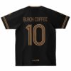 Black and gold line art rave soccer jersey, back view with custom name and number in gold